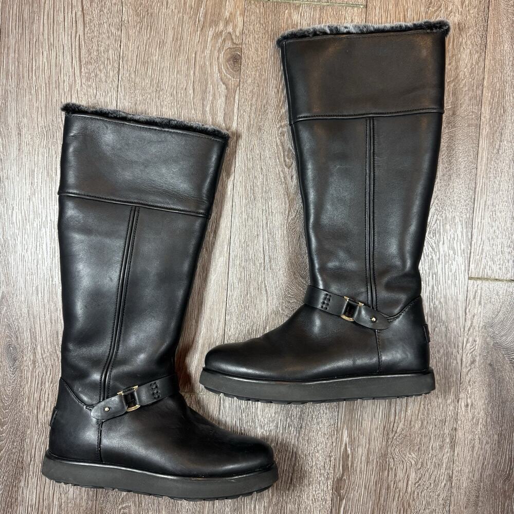 UGG CLASSIC BERGE TALL BLACK LEATHER SHEARLING KNEE HIGH BOOTS SIZE US 8 WOMEN